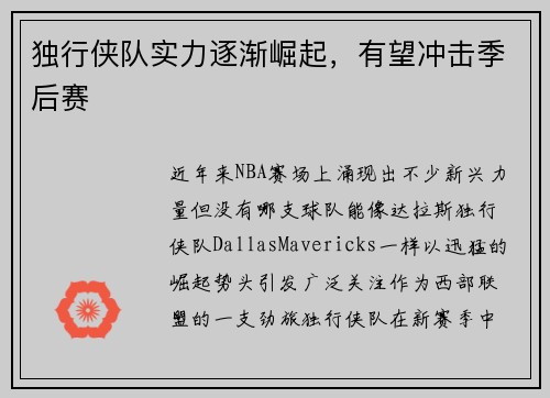独行侠队实力逐渐崛起，有望冲击季后赛