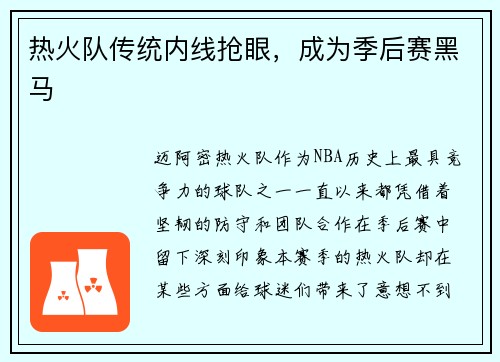 热火队传统内线抢眼，成为季后赛黑马
